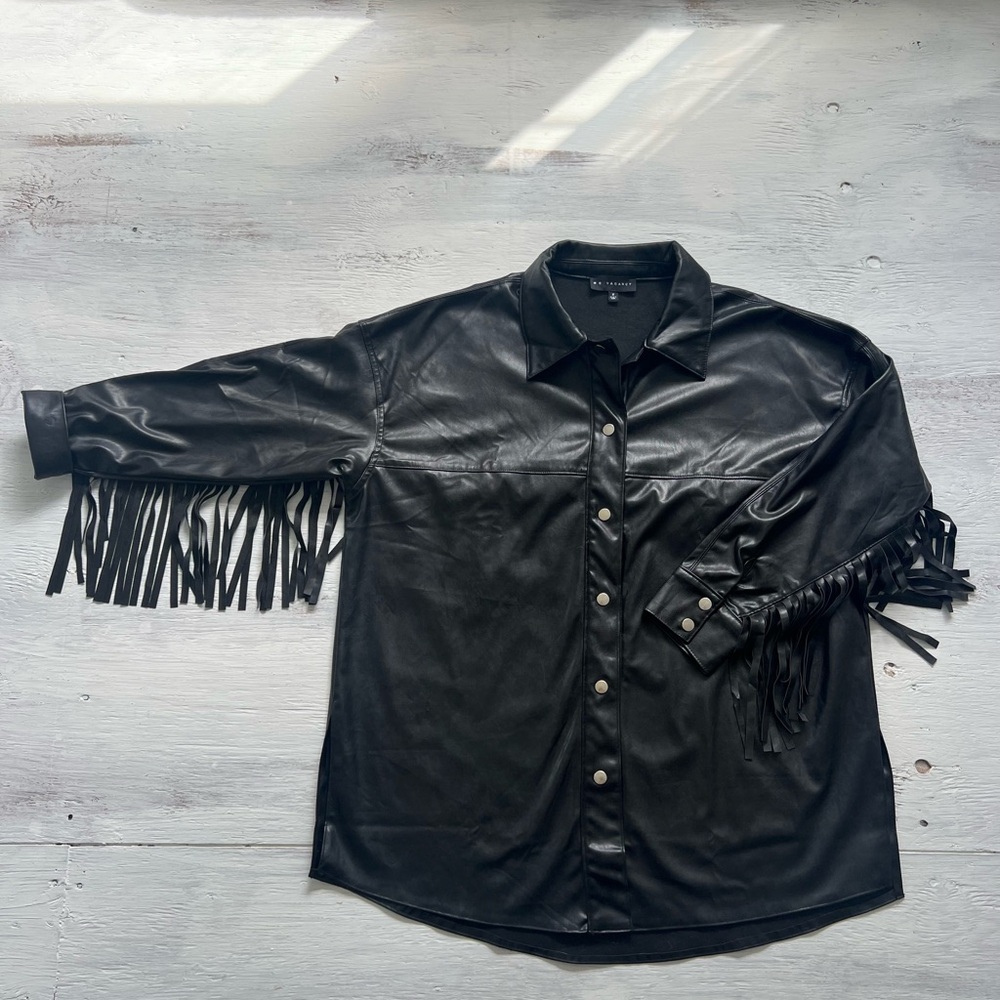 Women's Black Fringe Faux Leather Jacket - Picture 3 of 9